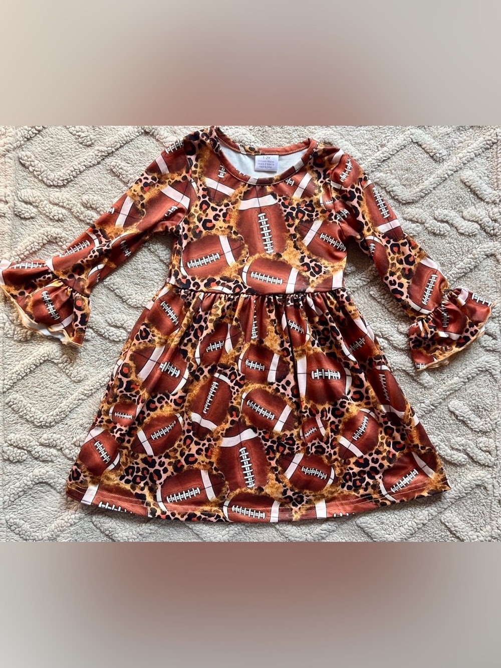 Girl 1-2Y Leopard & Football Print Dress - Flare Long Sleeves Brown Casual Dress